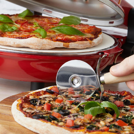 Forno per Pizza Pietra Refrattaria 1200W Timer Termostato 2Palette in Legno Rosso