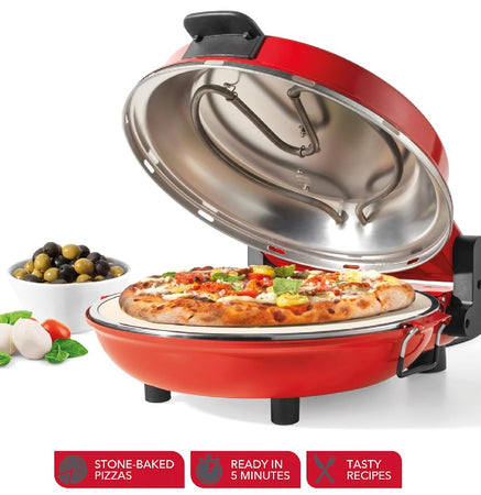 Forno per Pizza Pietra Refrattaria 1200W Timer Termostato 2Palette in Legno Rosso