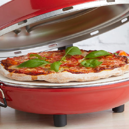 Forno per Pizza Pietra Refrattaria 1200W Timer Termostato 2Palette in Legno Rosso