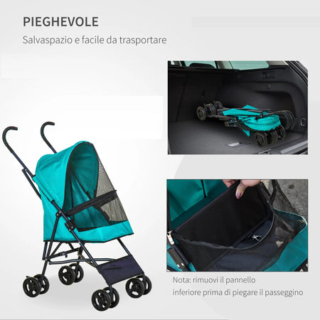 Passeggino per Cani Taglia Piccola 4 Ruote Pieghevole Freno e Guinzaglio Verde
