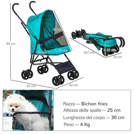 Passeggino per Cani Taglia Piccola 4 Ruote Pieghevole Freno e Guinzaglio Verde