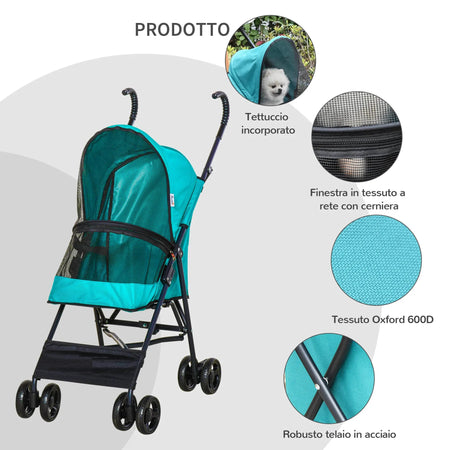 Passeggino per Cani Taglia Piccola 4 Ruote Pieghevole Freno e Guinzaglio Verde