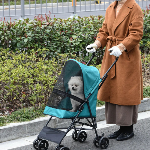Passeggino per Cani Taglia Piccola 4 Ruote Pieghevole Freno e Guinzaglio Verde