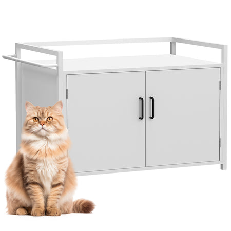 Mobile Lettiera per Gatti Bianco con 2Ante Chiusura Magnetica e Ingresso Laterale