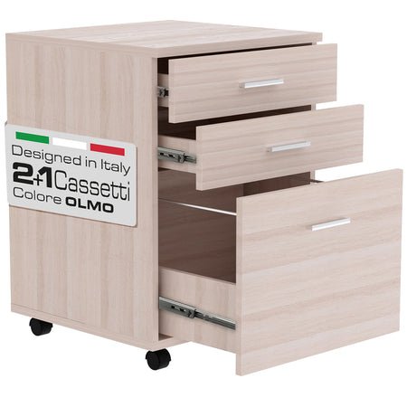 Cassettiera Scrivania Ufficio Mobiletto 3 Cassetti e Ruote Girevoli per Stampante Olmo