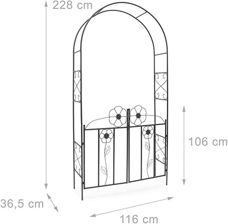 Arco da Giardino in Ferro con Cancello per Piante Rampicanti 116x36.5 H228cm Nero