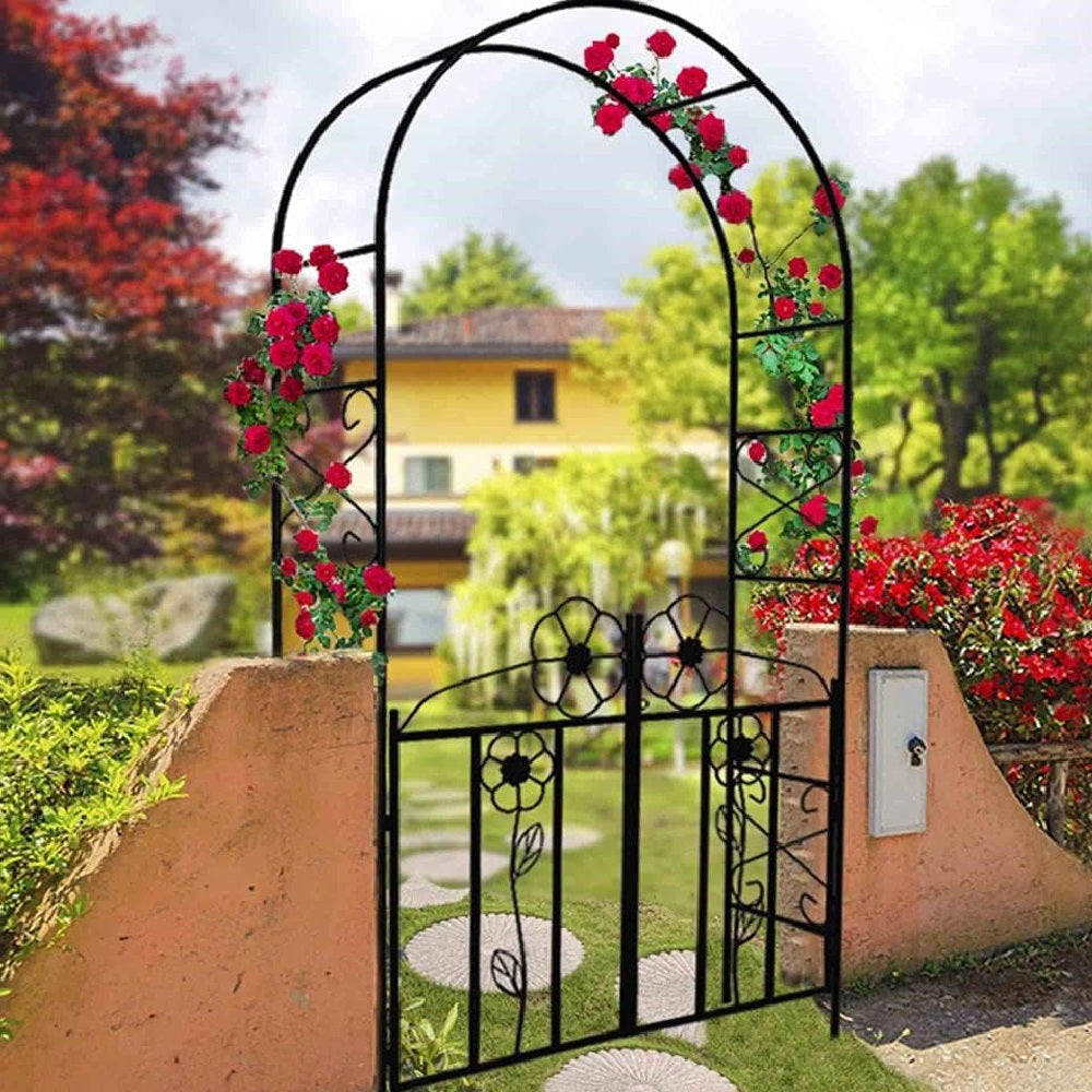 BAKAJI Arco Da Giardino Con Cancello - Struttura Metallica Per Piante Rampicanti 228cm Nero - Foto 3