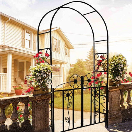 Arco da Giardino in Ferro con Cancello per Piante Rampicanti 116x36.5 H228cm Nero