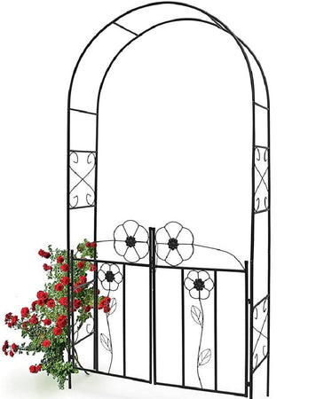Arco da Giardino in Ferro con Cancello per Piante Rampicanti 116x36.5 H228cm Nero