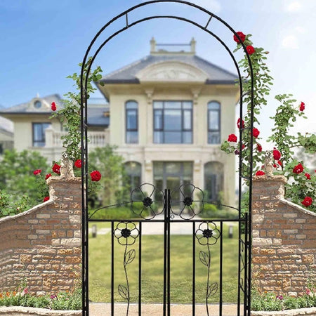 Arco da Giardino in Ferro con Cancello per Piante Rampicanti 116x36.5 H228cm Nero
