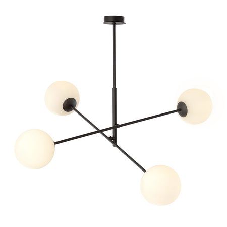 Lampadario 4 Luci Linear In Acciao Nero Con Bracci Regolabili E Vetro Opale