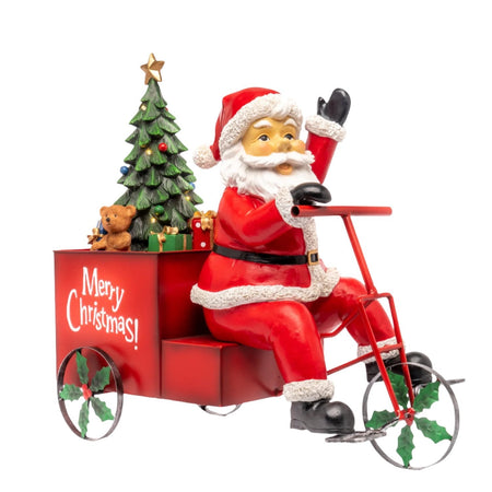 Statuetta natalizia decorativa Babbo Natale con triciclo con lei in resina da 53 cm
