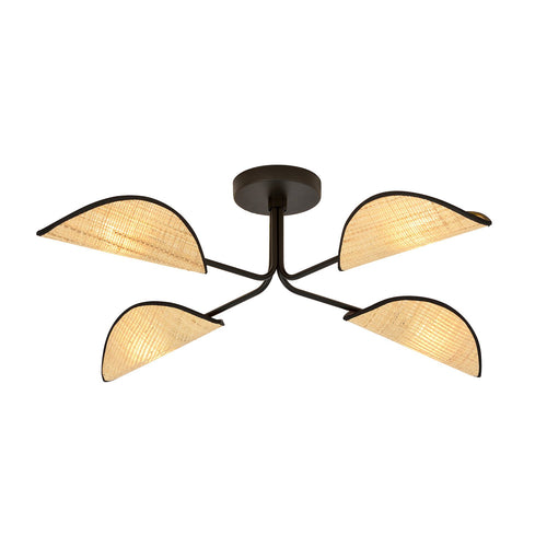 Plafoniera Nordica 4 Luci Gomez In Acciaio Nero E Rattan