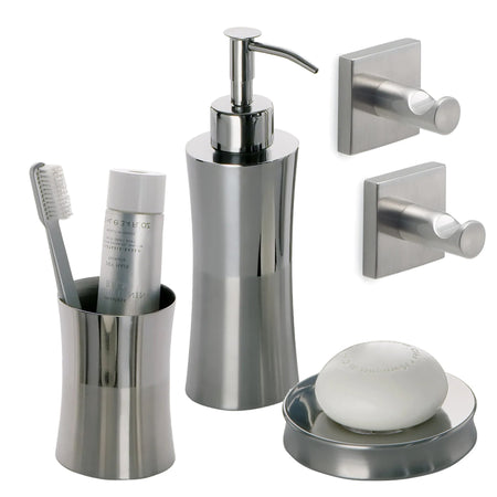 Set Accessori Bagno Inox Spazzolato 5pz FIORE: Porta Saponetta, Spazzolini e Dosa Sapone - Eleganza e Funzionalità