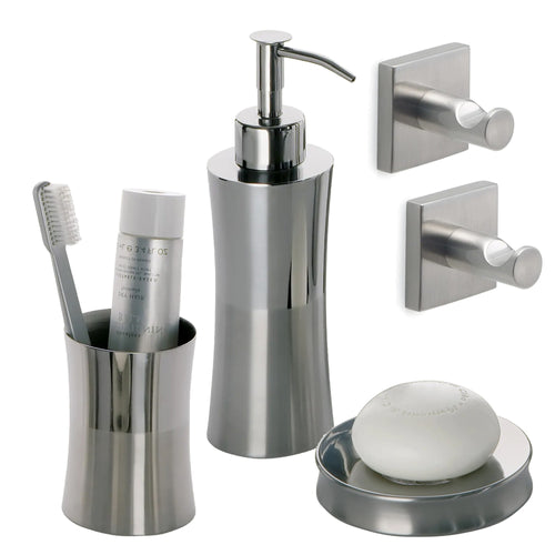 Set Accessori Bagno Inox Spazzolato 5pz FIORE: Porta Saponetta, Spazzolini e Dosa Sapone - Eleganza e Funzionalità