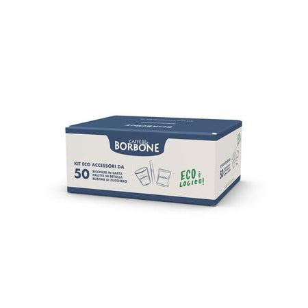 CAFFE'' BORBONE KIT ECO ACCESSORI 50x BICCHIERINI CARTA + 50x PALETTE BETULLA + 50x ZUCCHERO