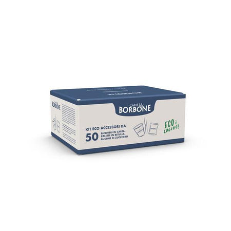 CAFFE'' BORBONE KIT ECO ACCESSORI 50x BICCHIERINI CARTA + 50x PALETTE BETULLA + 50x ZUCCHERO