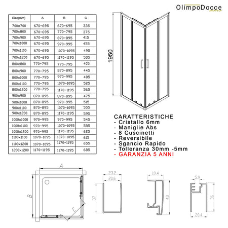 Box doccia angolare trasparente 195 6mm MATIAS