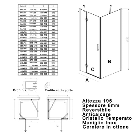 Box doccia due lati con porta battente 8mm h195 REGINA