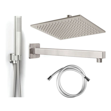 Kit Doccia satinato 5pz Braccio Soffione 25x25 Doccetta e presa acqua con tubo in silicone SEVEN SATIN