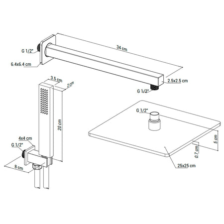 Kit Doccia satinato 5pz Braccio Soffione 25x25 Doccetta e presa acqua con tubo in silicone SEVEN SATIN