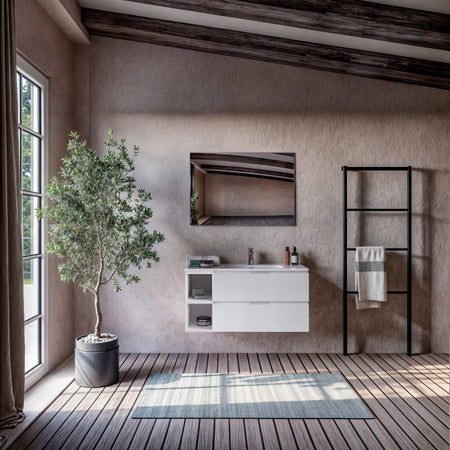 Mobile bagno sospeso bianco porcellana con vani a giorno A SINISTRA 100 120cm ARMONY