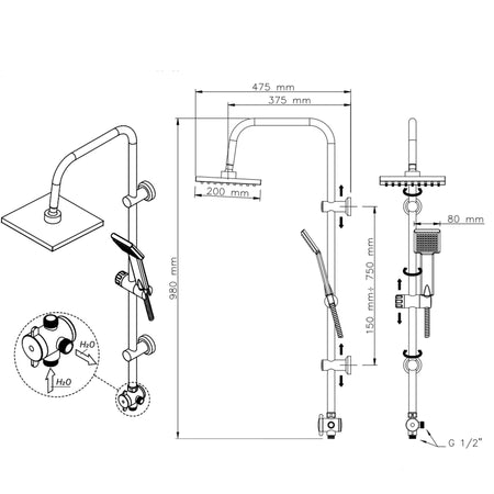 Asta Saliscendi Doccia Quadrata in Acciaio e ABS Cromato SHUTTLE