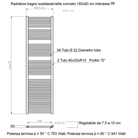 Scaldasalviette termoarredo 180x60 cromato interasse 55 cm IDRAULICO