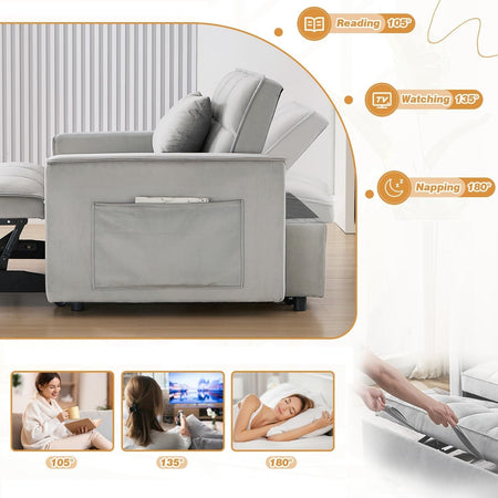 Divano 2Posti con Letto Apribile e Schienale Reclinabile Velluto Grigio e Cuscini inclusi