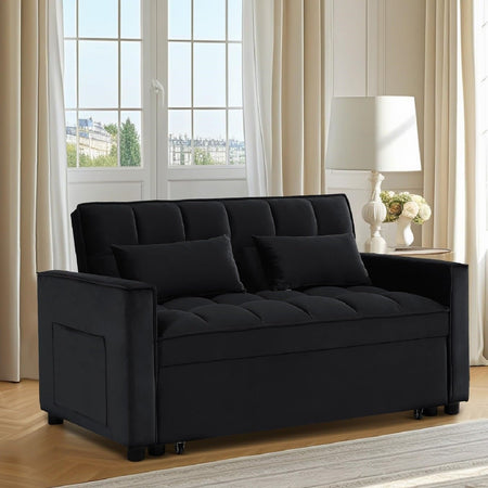 Divano 2Posti con Letto Apribile e Schienale Reclinabile Velluto Nero e Cuscini inclusi