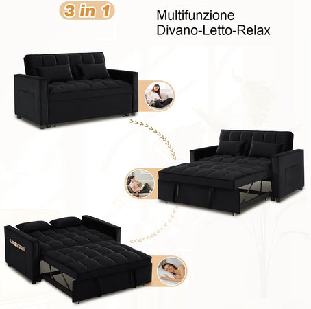 Divano 2Posti con Letto Apribile e Schienale Reclinabile Velluto Nero e Cuscini inclusi