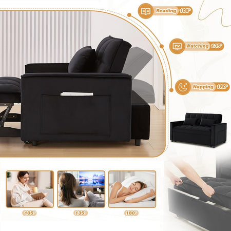 Divano 2Posti con Letto Apribile e Schienale Reclinabile Velluto Nero e Cuscini inclusi