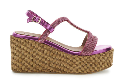 SANDALO DOPPIA FASCIA CON MOTIVO IN STRASS ZEPPA FASCIA RAFIA