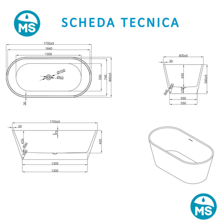 Vasca free standing Bianco lucido 170x80 RIVER