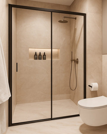 Porta doccia nicchia anta scorrevole profili neri anticalcare H195 6mm AGATA