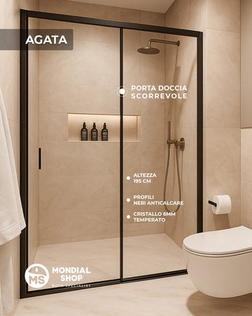 Porta doccia nicchia anta scorrevole profili neri anticalcare H195 6mm AGATA