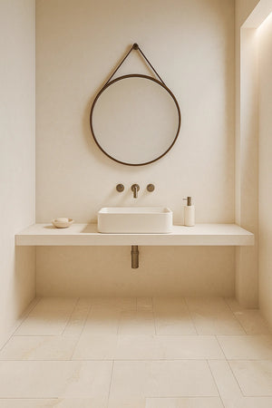 Specchio tondo appeso con cintura in pelle marrone cuoio CAPO