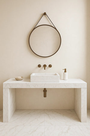 Specchio tondo appeso con cintura in pelle marrone cuoio CAPO