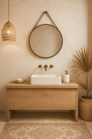 Specchio tondo appeso con cintura in pelle marrone cuoio CAPO