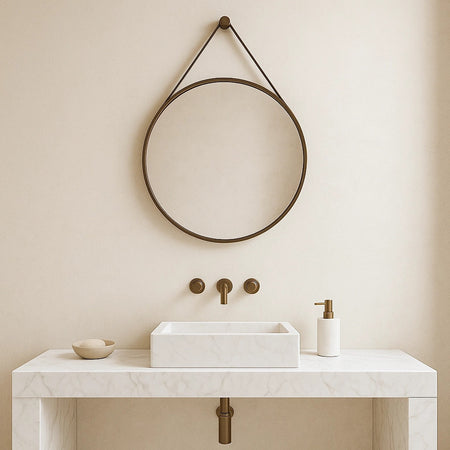 Specchio tondo appeso con cintura in pelle marrone cuoio CAPO