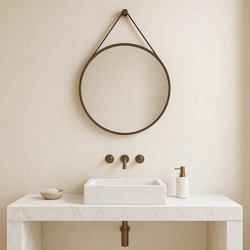 Specchio tondo appeso con cintura in pelle marrone cuoio CAPO