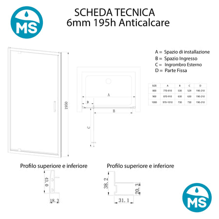 Porta doccia 1 anta battente 80 90 100 opaco h195 6mm Adele