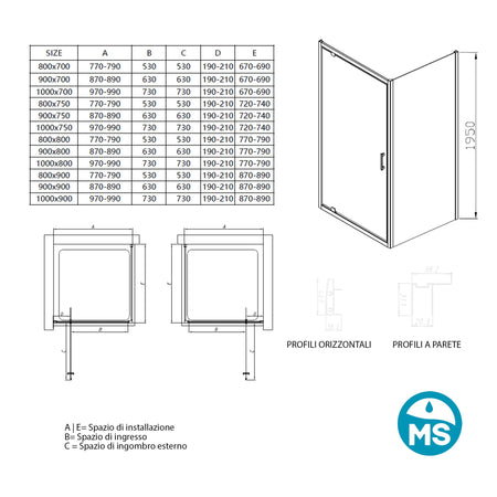 Box doccia due lati a porta battente opaco h195 6mm Adele