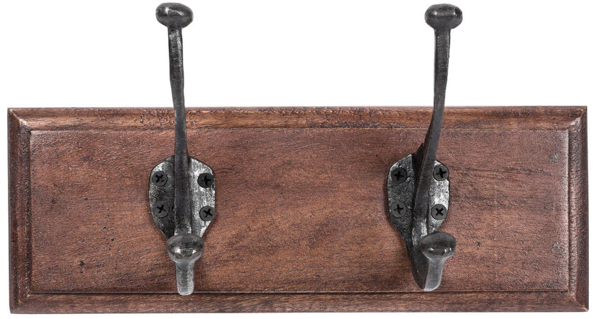 Biscottini Attaccapanni da parete in legno massiccio e ferro forgiato a mano finitura noce 30x11x15 cm