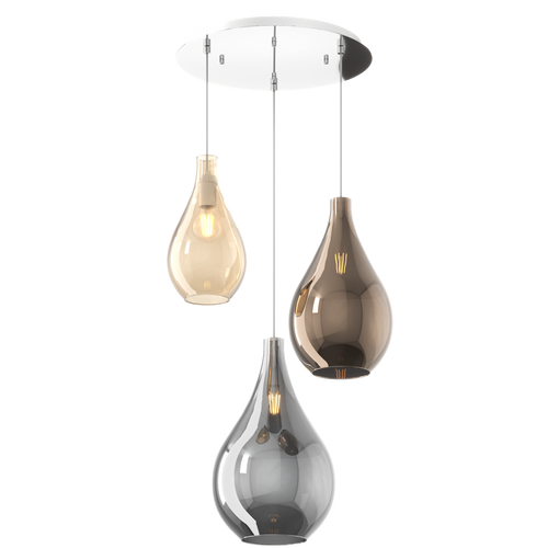 Sospensione Contemporanea Drop Rosone Tondo Metallo Cromo Vetro Mix 3 Luci