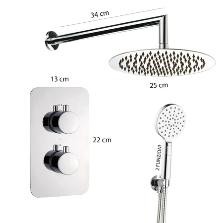 Kit doccia termostatico 5pz Miscelatore - Braccio - Soffione 25 - Doccetta