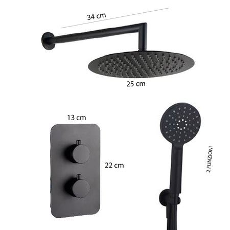 Kit doccia termostatico Nero 5pz Miscelatore - Braccio - Soffione 25 - Doccetta