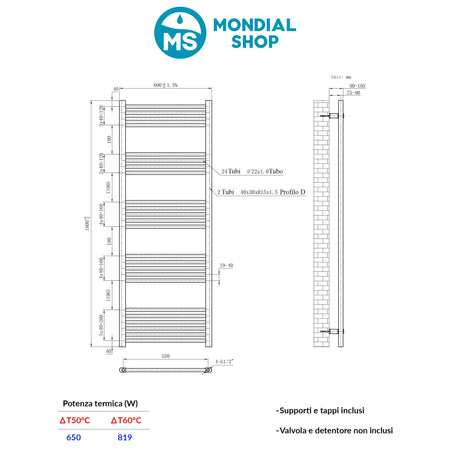Scaldasalviette termoarredo 160x60 bianco interasse 55 cm IDRAULICO