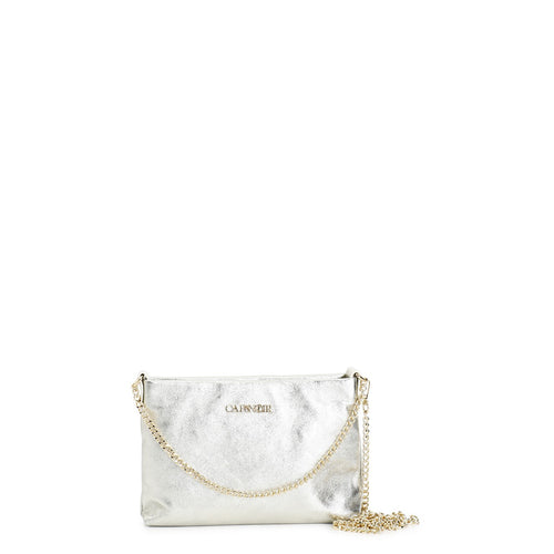 POCHETTE IN PELLE LAMINATA CON DOPPIA TARCOLLA IN CATENA