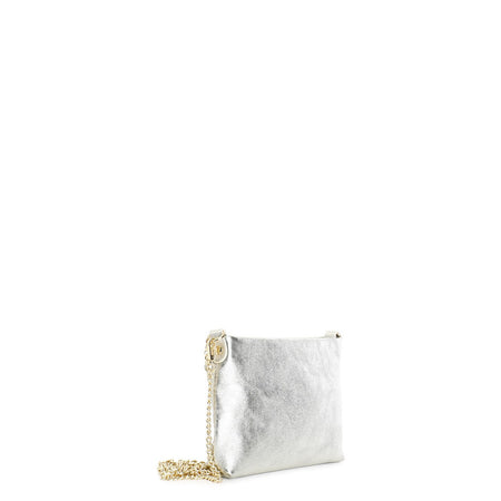 POCHETTE IN PELLE LAMINATA CON DOPPIA TARCOLLA IN CATENA